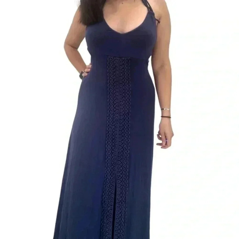 L*Space Navy Crochet Front Halter Tie Neck Long Cut Out Maxi Dress Size Medium M